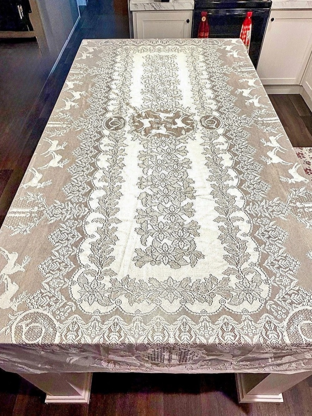 Vintage Puritan Lace Co Christmas Tablecloth Reindeer Poinsettia 116” x 56.5” US
